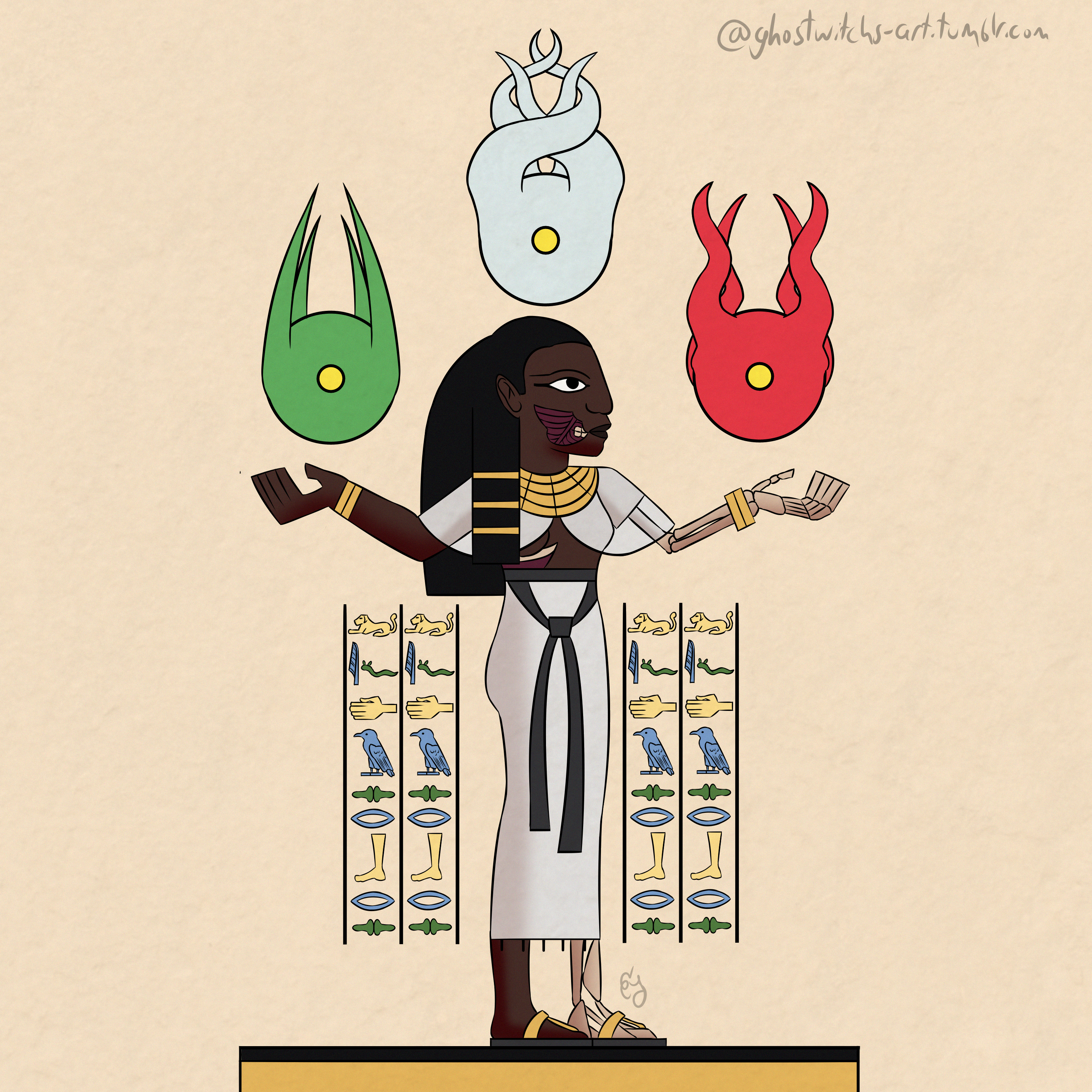 A painting of Nephthys mimicking hieroglyphics. She is standing in the middle with her arms raised towards 3 souls above her.